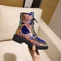 Lace Up Ankle Boots for Women Glitter Bling Patent Leather High Heels Female Booties Gold Silver Lady Wedding Shoes Botas Mujer