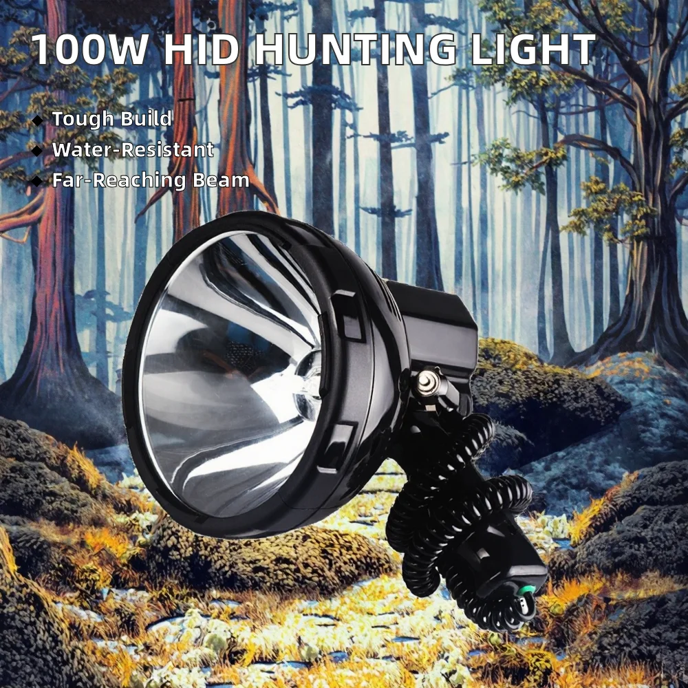 Portable 100W HID Searchlight Waterproof 12V Handheld  Flashlight for Hunting Camping Strong Long-Range Light IP65 Rating