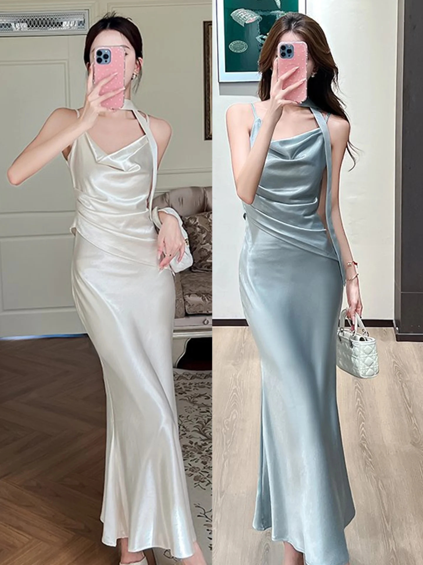 シルクサテンバースデーパーティードレス レディース サマーエレガントセクシーガウン フレンチスリーブ ウエストAラインスカート オフショルダーガウン