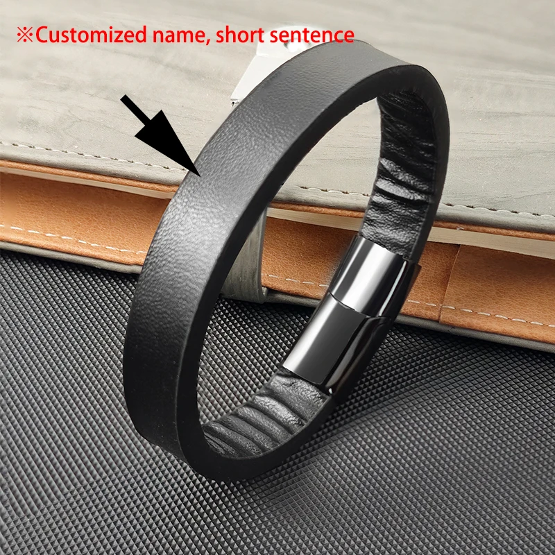 

Family Name Customization Simple Style Men's Black PU Leather Bracelet Classic Stainless Steel Braid Bangles for Men Friend Gift