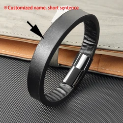 Family Name Customization Simple Style Men's Black PU Leather Bracelet Classic Stainless Steel Braid Bangles for Men Friend Gift