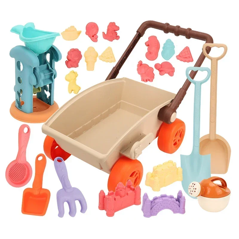 23 pçs conjunto de brinquedos de praia para crianças carrinho crianças dobrável balde de areia pás conjunto saco de malha moldes de areia sandbox para criança