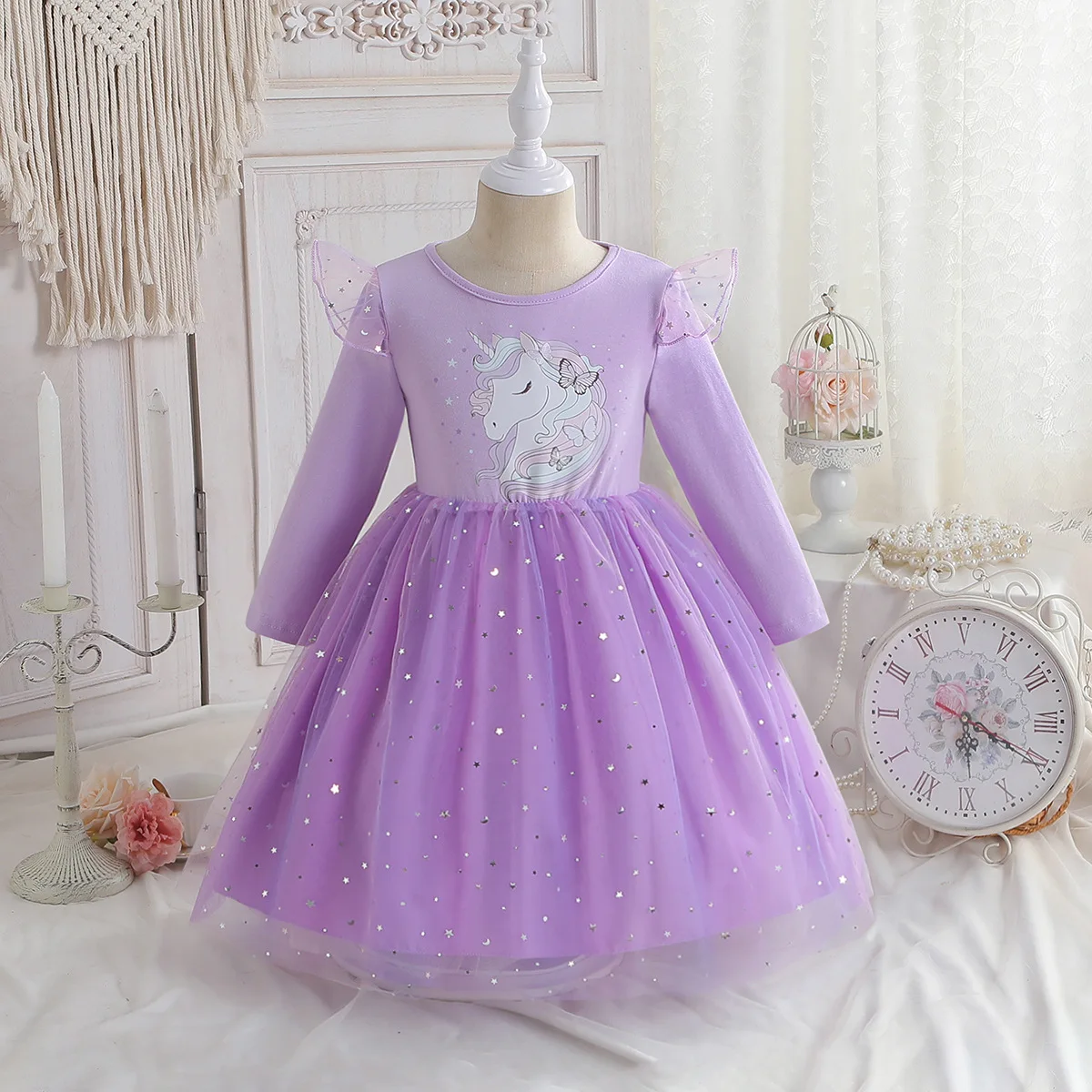 2024 Spring Summer Baby Girl Long Sleeve Princess Dress New Kid Cartoon Unicorn Party Costume Outfits Children Clothing Vestidos