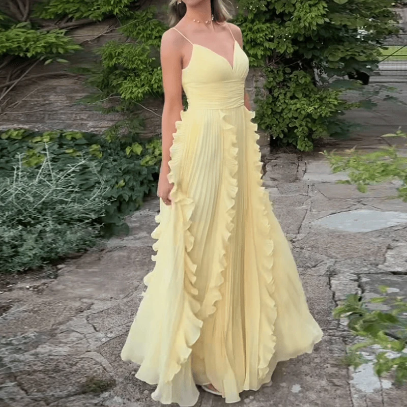 

Женское элегантное плиссированное платье с высокой талией и краем в виде листьев лотоса, праздничное платье с v-образным вырезом, новое летнее вечернее платье с открытой спиной