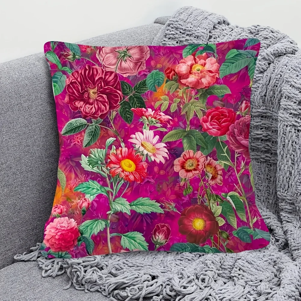 Double Sided Boho Vintage Floral Pillow Cover Colorful Rose Daisy Flower Print Soft Throw Pillow Case for Home Decor Gift