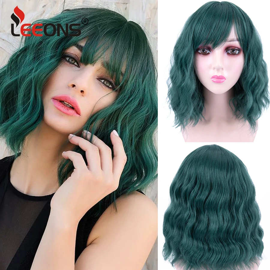 Peluca Bob corta sintética de 14 pulgadas para mujer, pelo verde ondulado con flequillo, colorido, Cosplay diario, fiesta, Natural como cabello Real