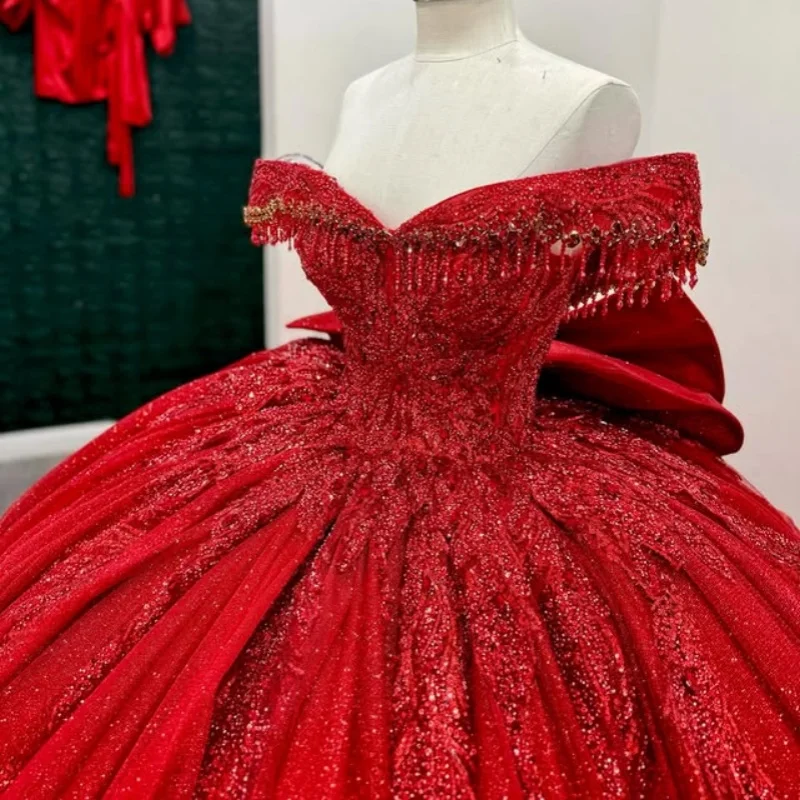 

Shiny Red Quinceanera Dress crystal Lace ruffle Sequin decal Decal Long tail Bow Vestidos De 15 Quinceanera ﻿Customize
