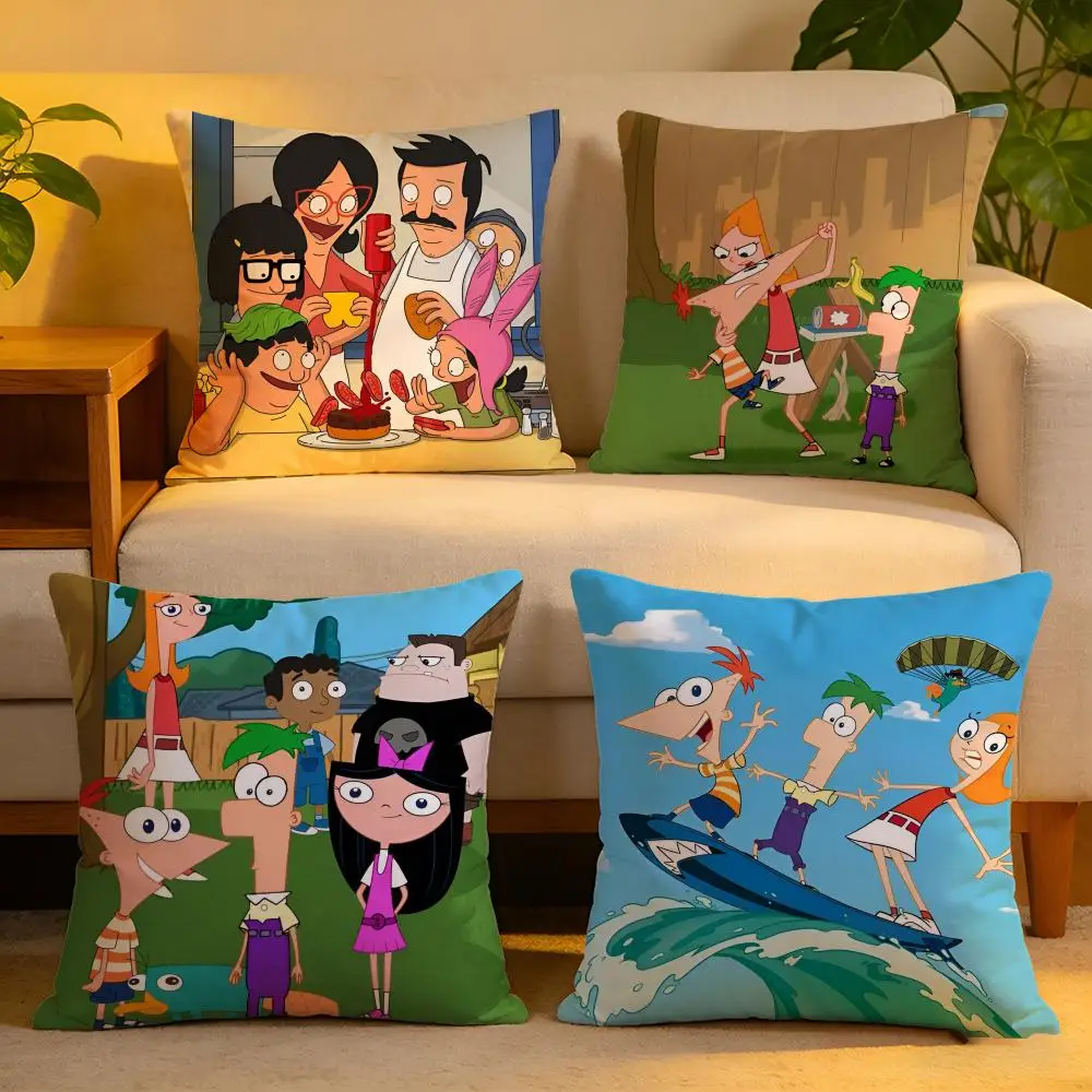 Capa de almofada de linho, capa decorativa macia e amigável à pele para sofá, decoração de casa, capa de almofada de anime phineas e ferb