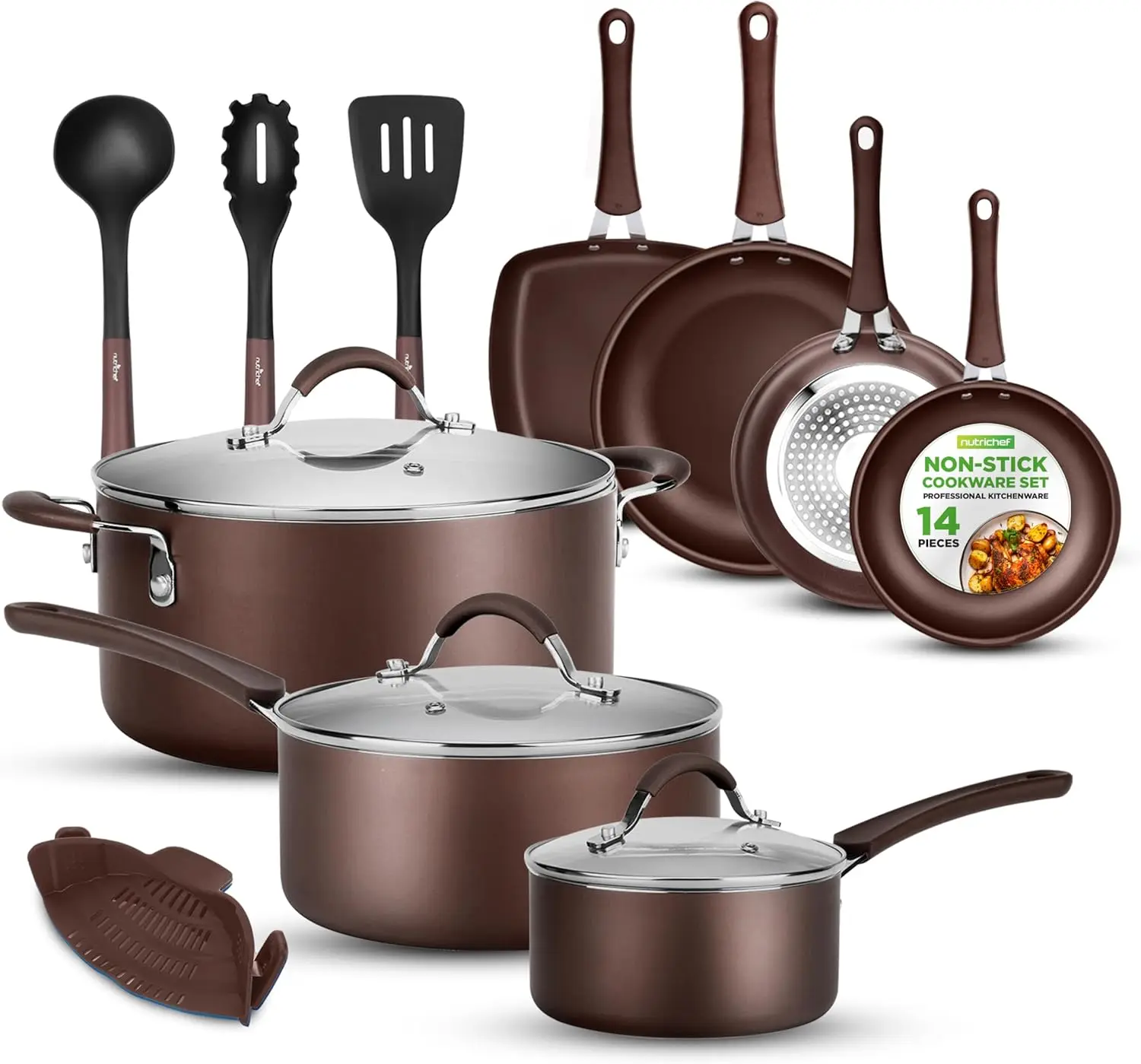 14-Piece Nonstick Brown Cookware Set - Scratch-Resistant Kitchen Pots and Pans with Lids & Utensils, For All Cooktops