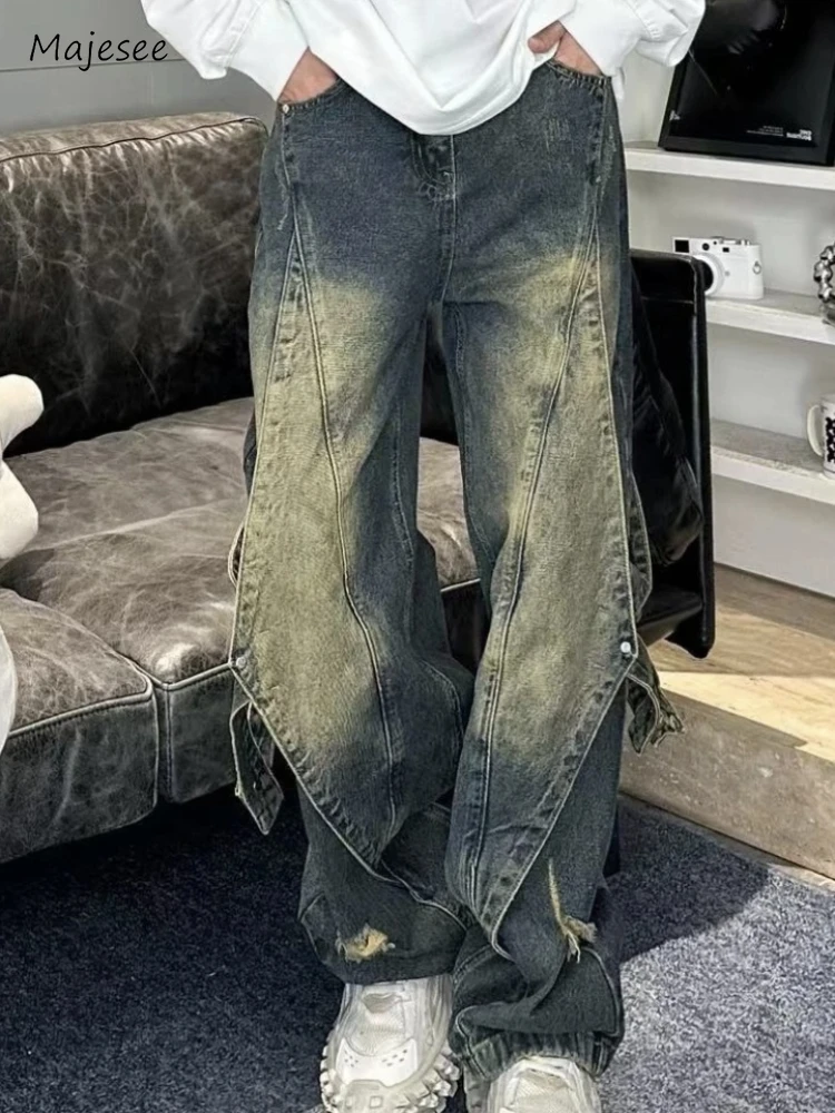 Wide Leg Jeans Men Grunge Do Old 90s Handsome Hip Hop Patchwork Youthful Mopping Trousers American Prevalent Baggy Bleached New