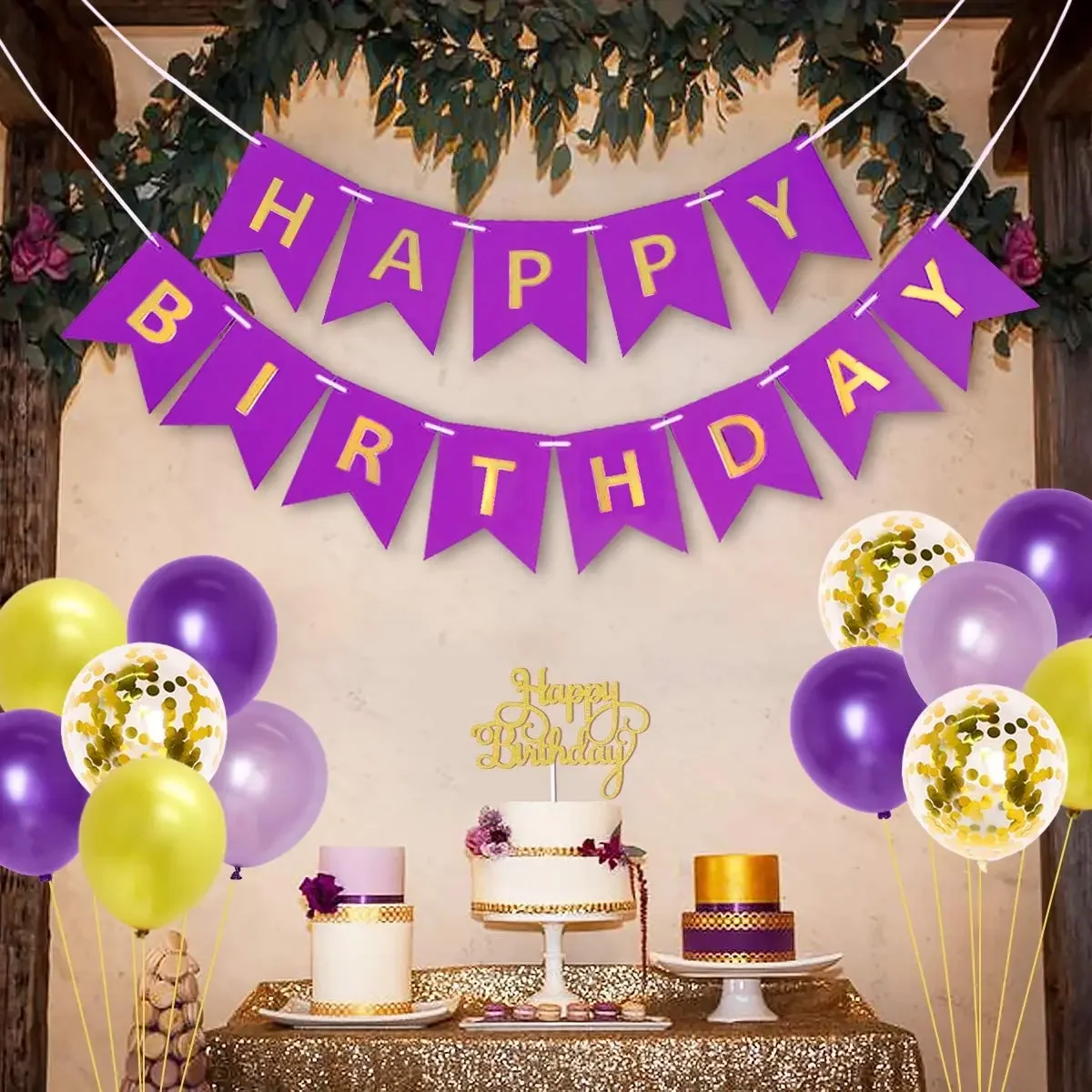 Purple Birthday Decorations for Women and Girls, Backdrop, Happy Birthday Banner, Cake Topper for Mom's 30th, 40th, 50th, 60th B