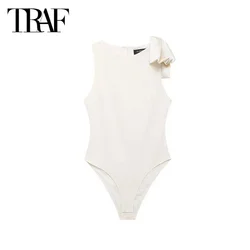 TRAF Women Bodysuits 2024 Summer Butterfly Sleeveless Bodysuit Sexy Elegant Ladies Fashion Casual Beach Beige Bodysuit For Women