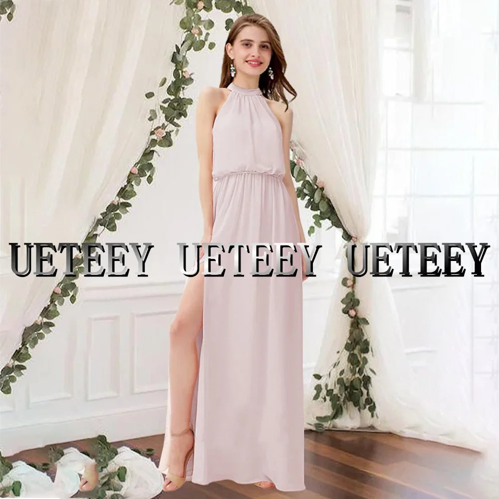 Abito da damigella d'onore a colonna personalizzato Collo alto senza maniche Elegante lunghezza pavimento Abiti da festa di nozze in chiffon Piega frontale divisa