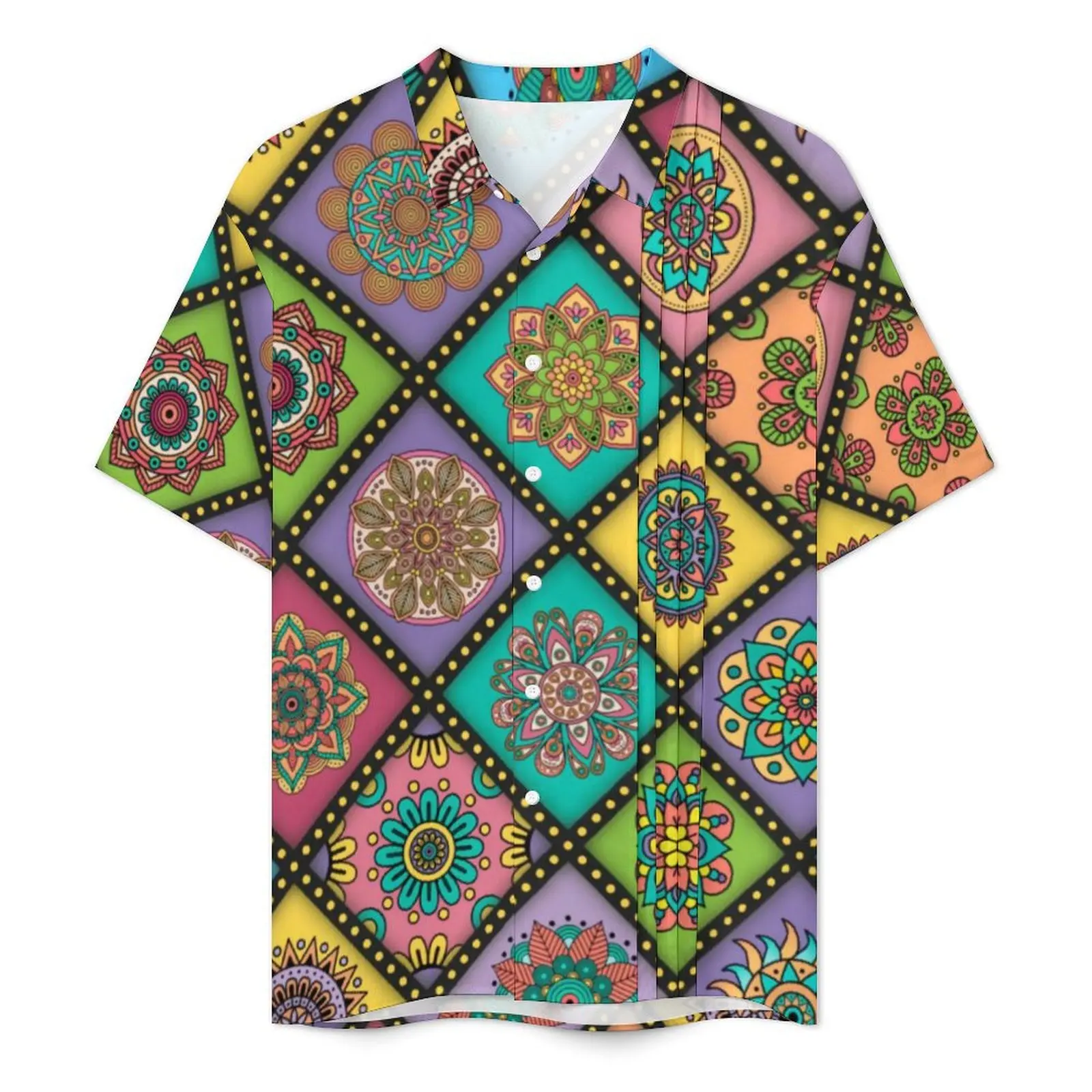 Retro Mandala Patchwrok Beach Shirt Male Colorful Print Elegant Casual Shirts Summer Short-Sleeve Streetwear Oversized Blouses