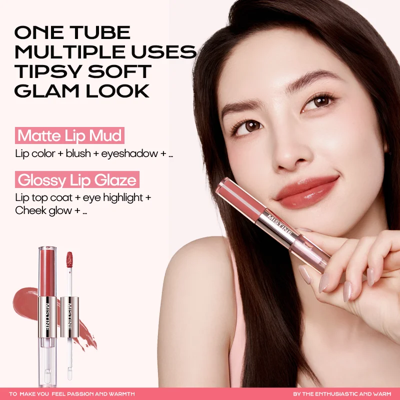 Mitstine Lip Gloss Double Headed Color Holding Lip Tint Hydrating Shine Glowy/Matte Finish แต่งหน้า 0.05fl oz + 0.05 fl oz
