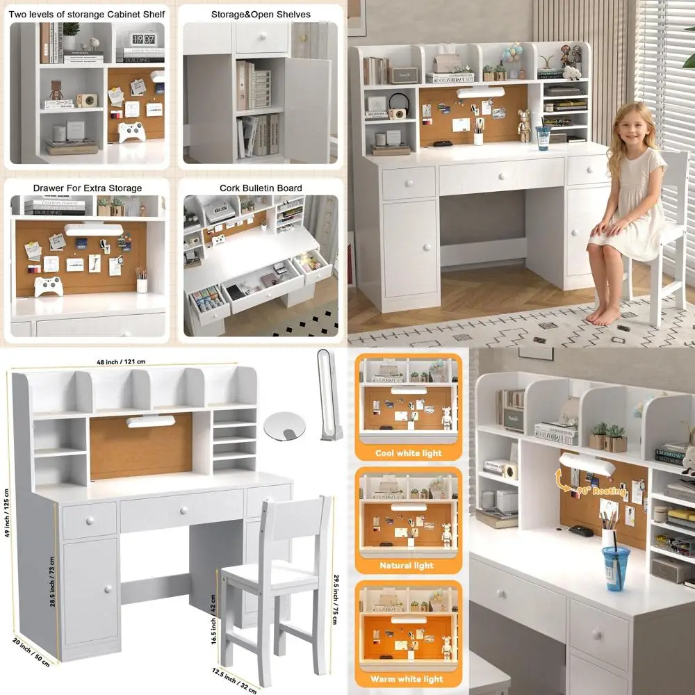 

White Wooden Kids Study Desk with Chair, Light, Storage, and Hutch for Girls or Boys Bedroom