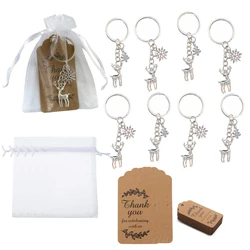 10 Sets Winter Party Favors, Elk Deer and Snowflake Keychains with Drawstring Organza Bags and Thank You Tags