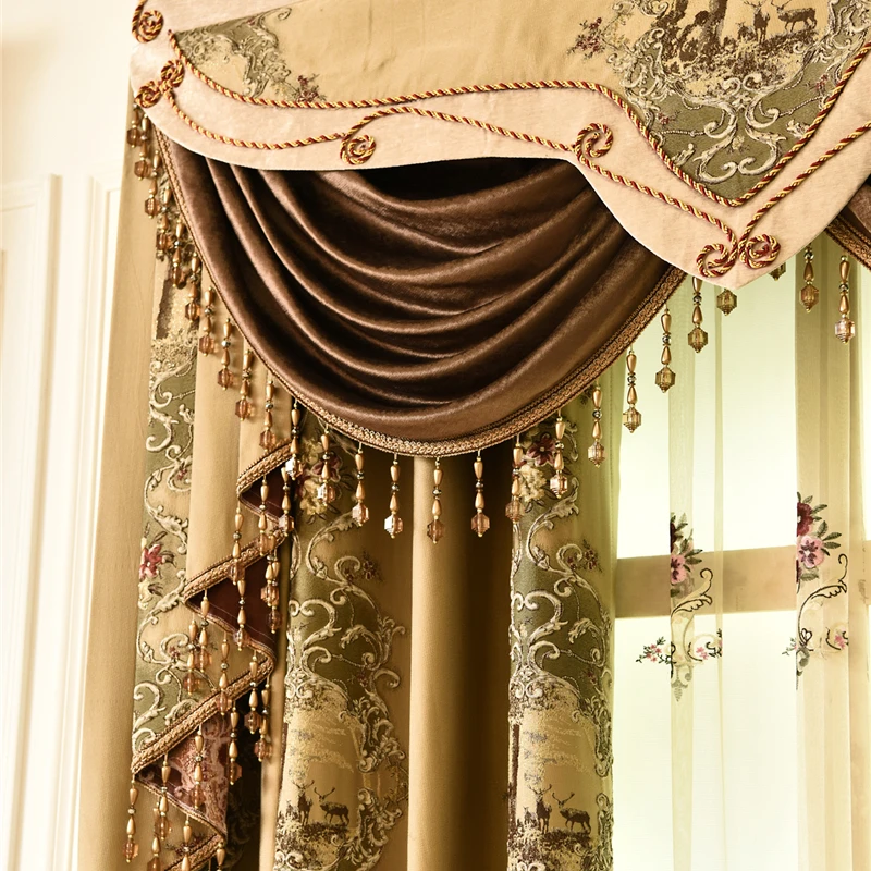 

European Luxury Brown Embossed Curtains for Living Dining room Bedroom Embroidery Blackout Curtain Tulle Valance Customization