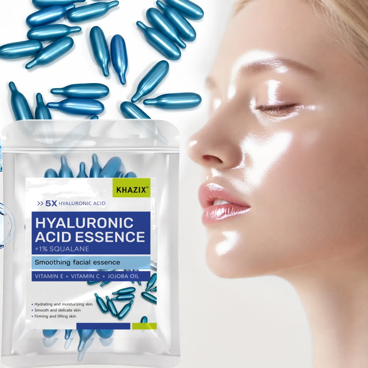 Sérum Facial Hidratante Profundo KHAZIX 5X com Ácido Hialurônico, 1% de Esqualano, Vitamina C e E.