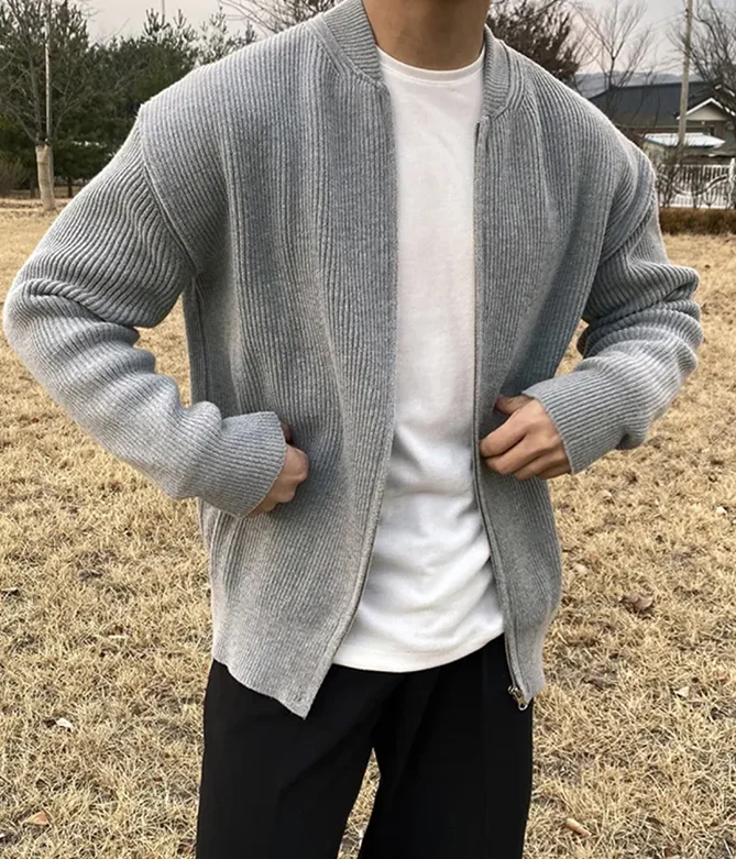 

Мужской однотонный вязаный кардиган-жакет в американском стиле с воротником-бомбером, повседневная модная верхняя одежда для осени и весны