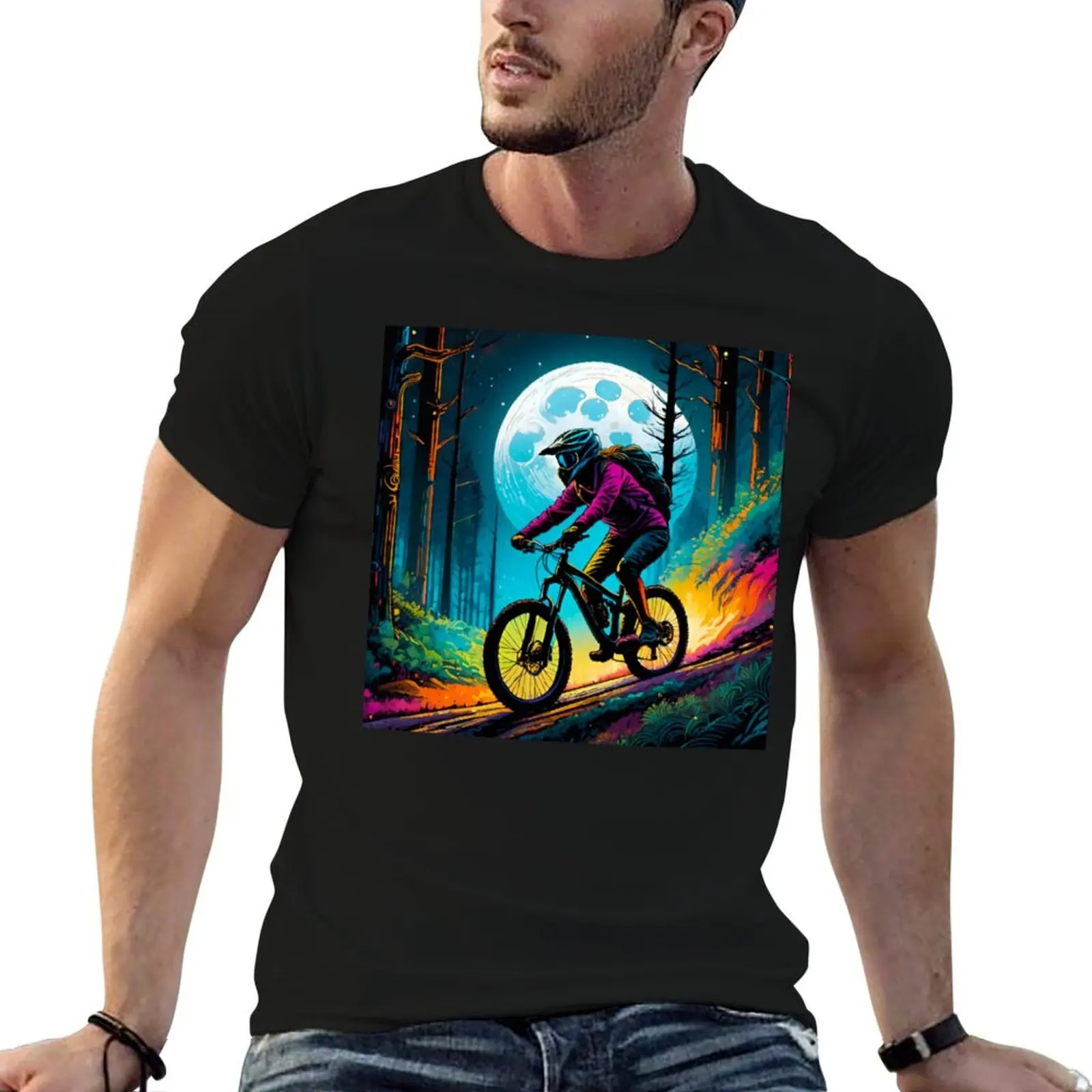 

MTB Rider Navigating Moonlit Trails T-Shirt vintage graphic tee Aesthetic clothing t shirt for men