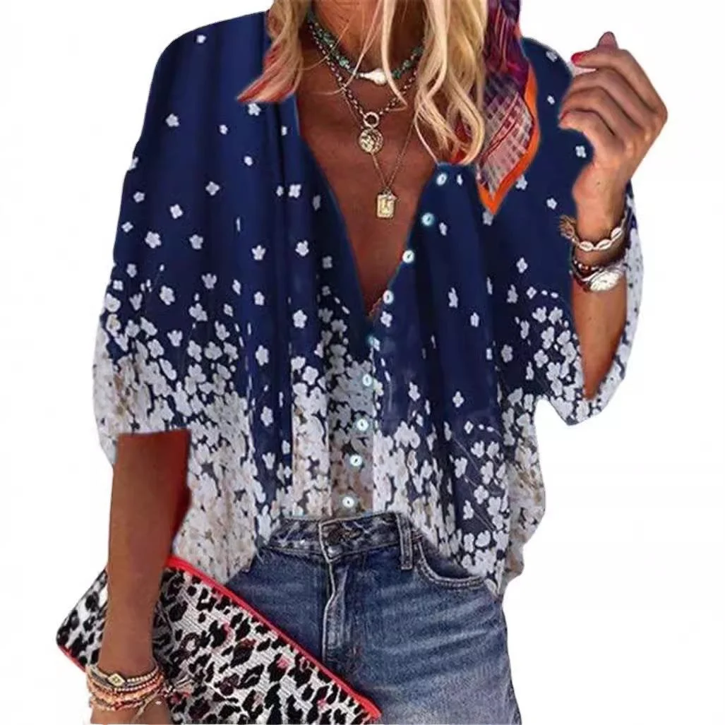 Col montant imprimé pour femmes, irt, manches mi-longues, coupe ample, fibre de Polyester, longueur 00% sept Sve, motif Floral