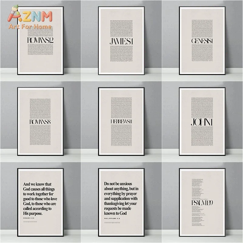 AZNM Frameless Canvas Poster Bible Verse Print, Minimalist Christian Scripture Text Art Neutral Beige Background Wall Picture fo