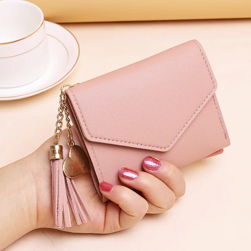 

New Short Women Wallets 2024 Tassel Pendant Lychee Grain Money Clip Clutch Cute Coin Purse PU Leather Slim Simple Female Purse