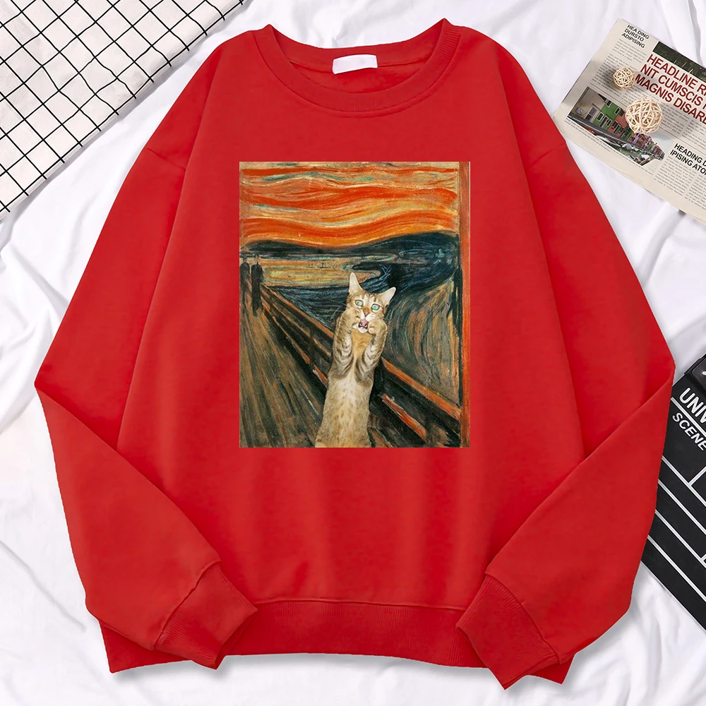 Casual Street Woman Pullover Oil Painting Cat\'S Dusk Print Hoody Comfortable Fleece Sweatshirt Loose Warm Female Sportswears