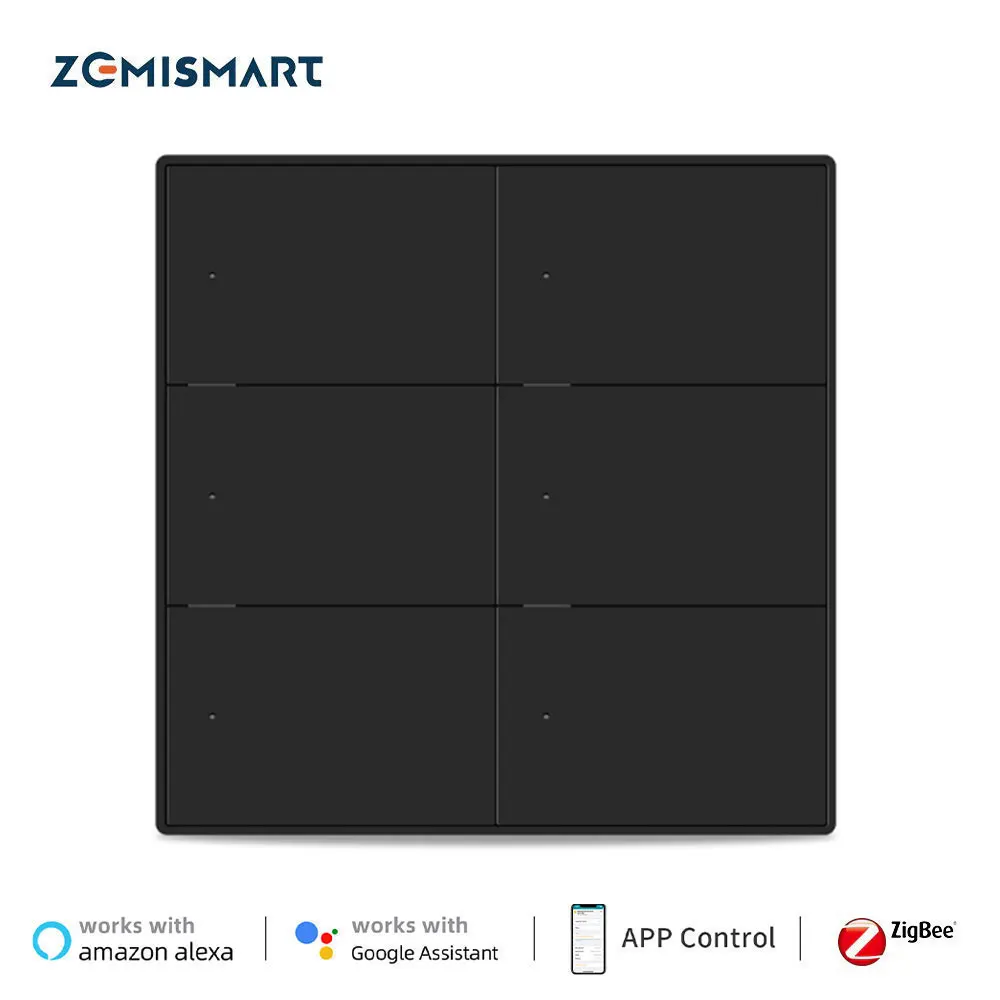 Zemismart 6 Gangs Black Light Switches Tuya Zigbee Wall Interruptor with Neutral Alexa Google Home Smartthings App Control