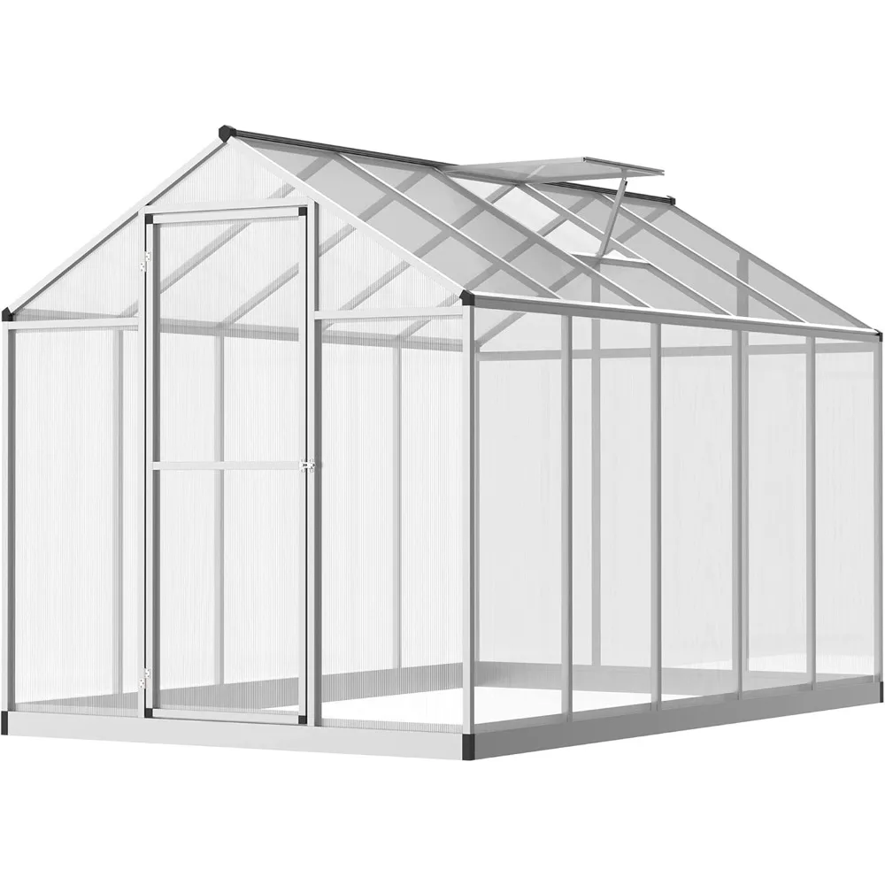 

10' x 6' Greenhouse for Outdoors, Polycarbonate Greenhouse with Rain Gutter and Roof Vent, Aluminum Walk-in Green Houses