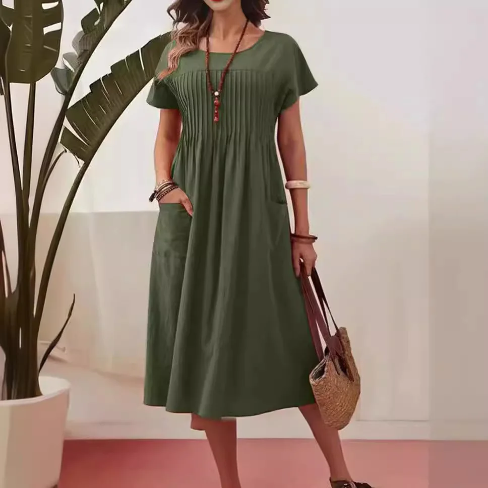 

Women Elegant Solid Midi Dress Summer Short Sleeve O-Neck Vintage Harajuku Cotton Comfortable Loose Folds Sundress 2024 Vestidos