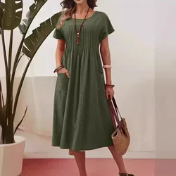 Women Elegant Solid Midi Dress Summer Short Sleeve O-Neck Vintage Harajuku Cotton Comfortable Loose Folds Sundress 2024 Vestidos