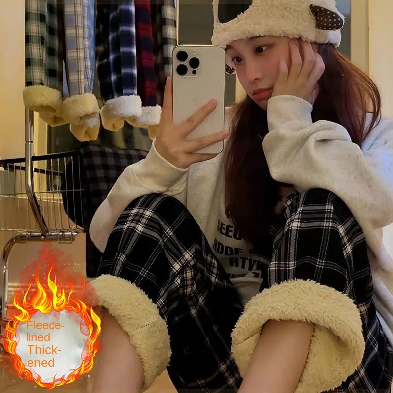 

Модные теплые плюшевые брюки, кашемировые плотные клетчатые женские зимние повседневные свободные брюки с широкими штанинами, Корейская уличная одежда для студентов