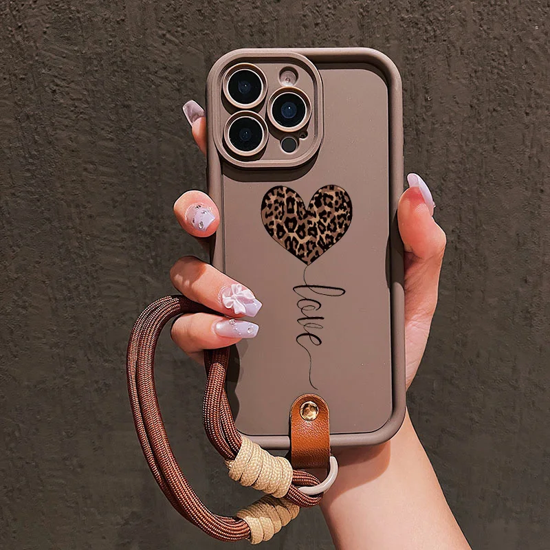 Leopard Print Love Heart Soft Lanyard Strap Rope Phone Case for iPhone