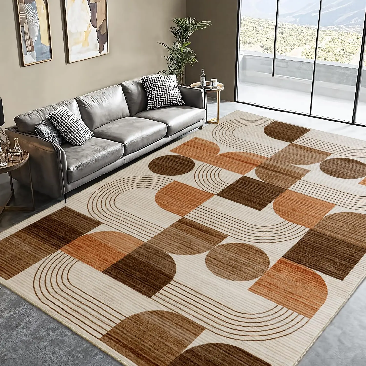 1pc 2D Flat Earth Tone Semi-Circle Geometric Printed Floor Mat, Decorative Rug for Living Room, Bedroom, Office, Home Decor