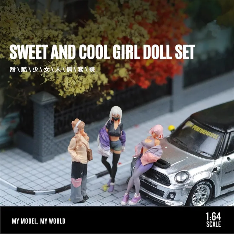 

1:64 Model 3Pcs Beauty Fashion Sweet And Cool Pink Hair Girls Yoga Pants Doll Set DIY Scene Accessory Action Figures Collection