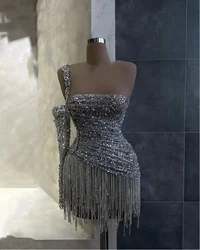 2 Designs Silver Prom Dresses Glitter Crystals Tassel One Shoulder Cocktail Dress Sexy Mini Vestidos De Noche Custom Made