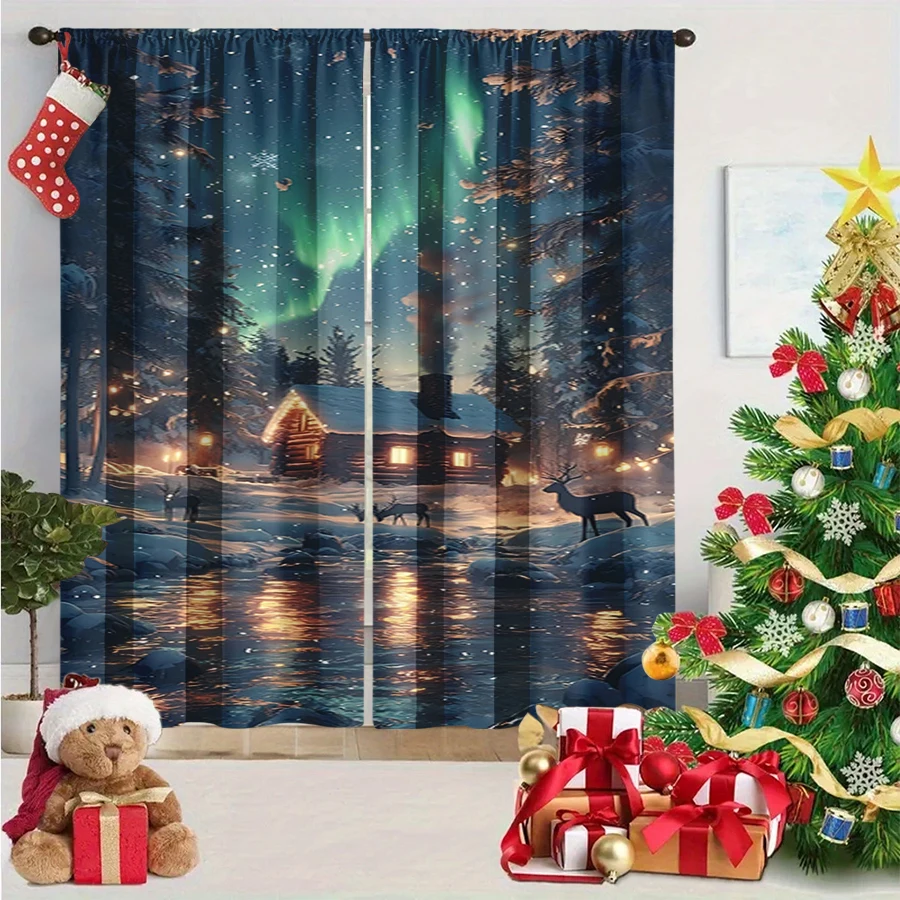2PCS Digital Print Curtain, Aurora Borealis over Snowy Cabin with Deer and Lake Reflection, Winter Night, for Window Home Decor