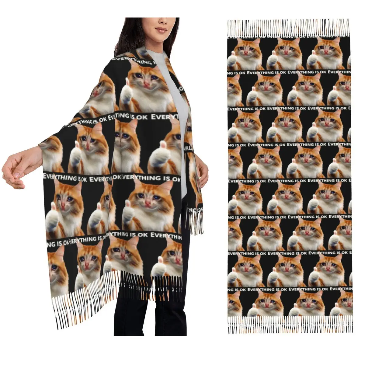 

Everything's Ok Crying Cat Memes Scarf Tassel Scarves for Women Soft Warm Shawls and Wraps Long Fall Winter Shawl Wrap