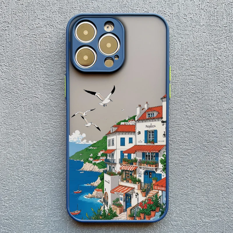 Strandlandschaft Küstenstadt Handyhülle für iPhone 17 15 16 14 Pro Max Plus 13 12 Mini 11 Pro Max XS XR X Blaue Hüllen – Detail 5