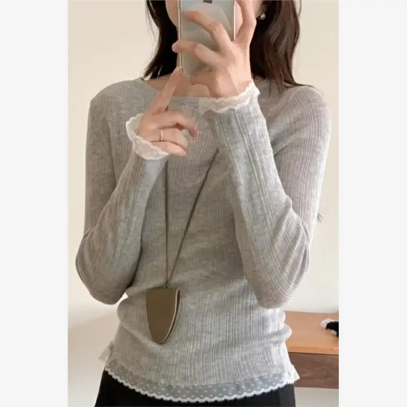 

Soft Long Sve round Ne Women's Knitted Sweater Lace Trim Slim Fit Base irt Ci Walk Coolmax Fiber Nine Point Sve
