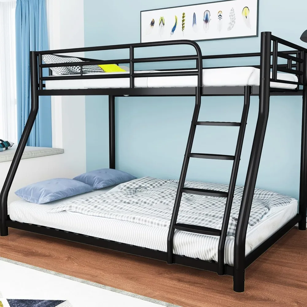سرير معدني بطابقين، إطار سرير بالحجم الكامل، سرير مزدوج بطابقين كامل مع حاجز أمان وسلم، أسرة بطابقين مزدوجة للأطفال والكبار #1