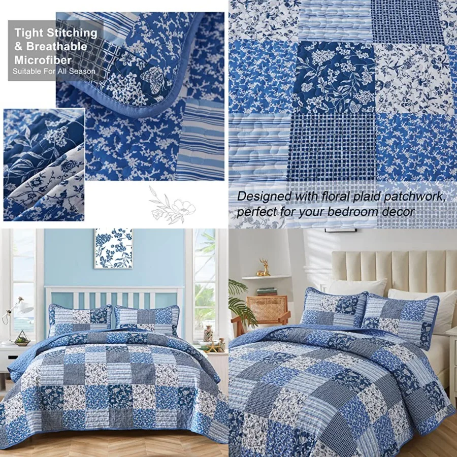 

Boho Quilt Set Size, 3 Pieces Plaid Floral Bedspread Coverlet Set for All Season, Patchwork Reversible Bedding Set 90x96