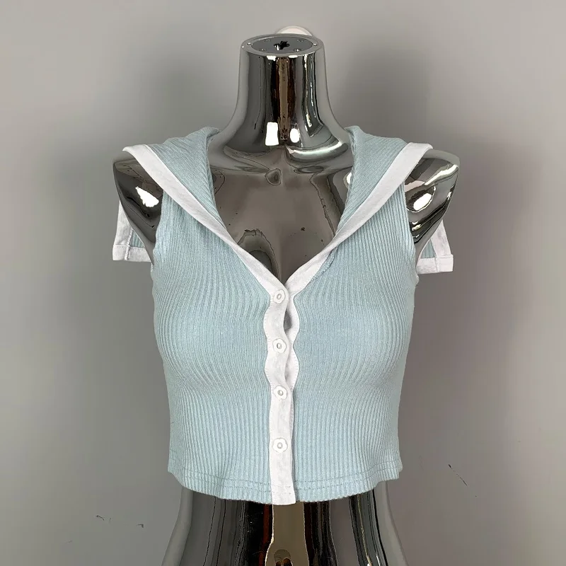 韓国 2026 夏ファッション スリムフィット ノースリーブ Tシャツ レディース カラーブロッキング 多用途 ショールTシャツ セーラーカラー クロップトップス