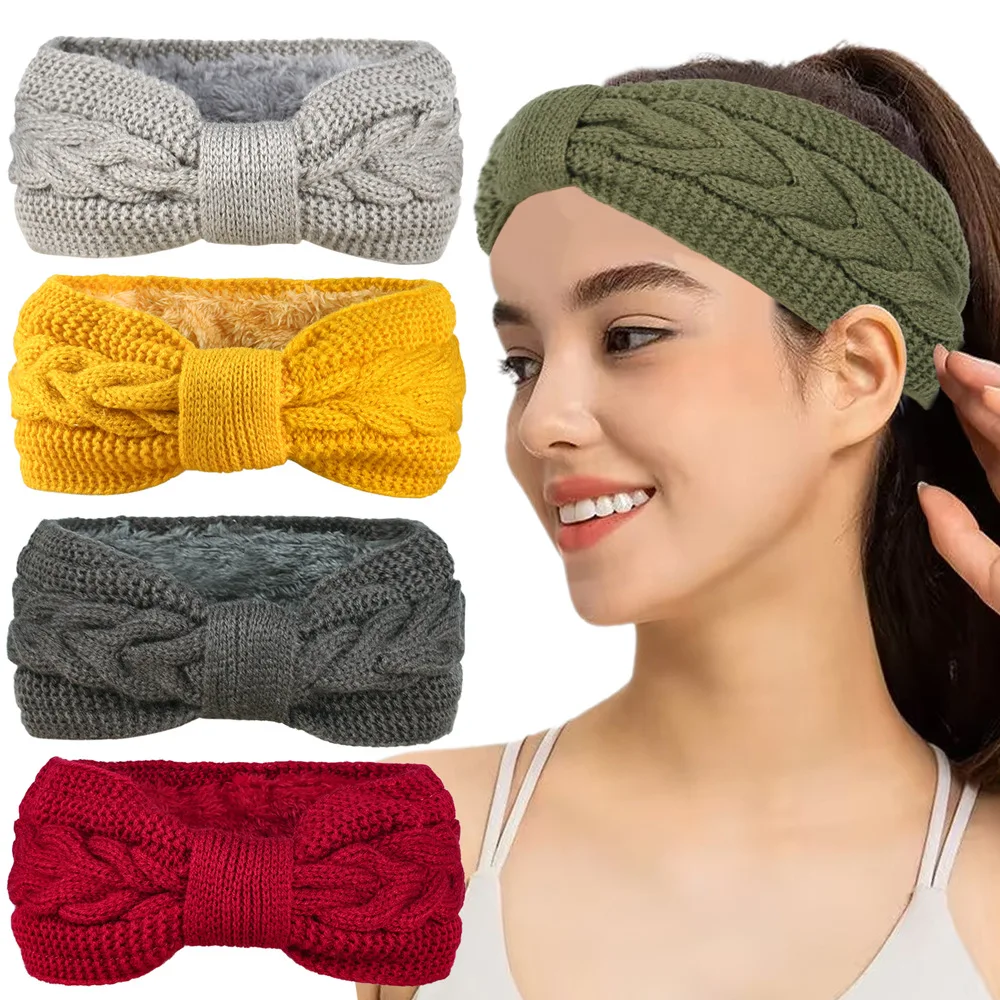 

Autumn Winter Plush Wool Knitting Cross Knot Headband For Women Elastic Sports Hair Bands Ear Warmers Female Head Cover Turban