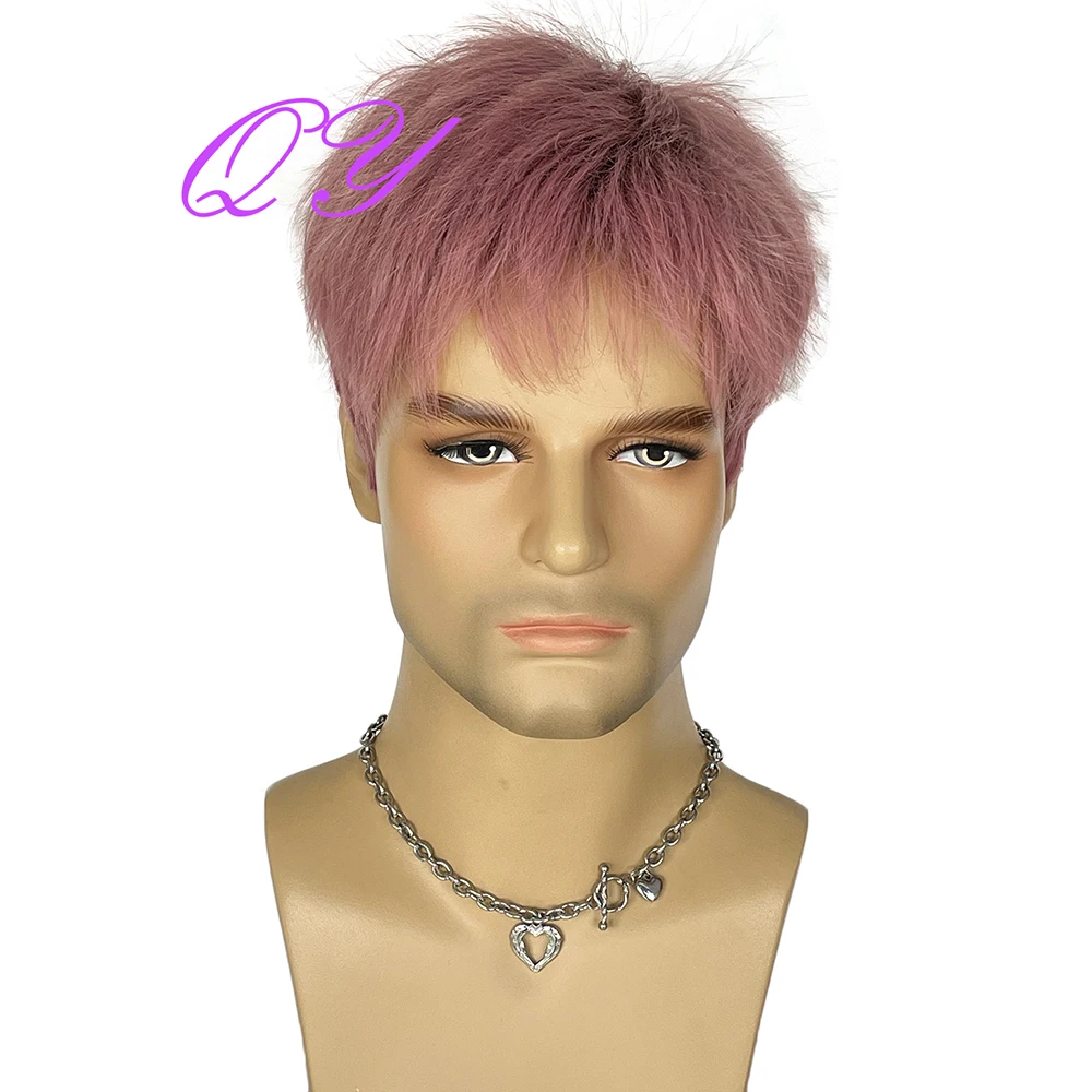 Synthetic Men Wig Short Pink Natural Straight With Bangs Cosplay Or Party Good Quality Adjustable Size Man Hair