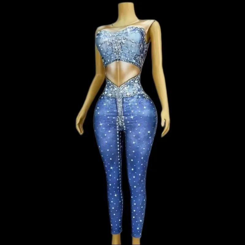 

Women's Sleeveless Crystal Printed Imitation Denim Jumpsuit Elastic Tight Stage Performance Leotard Night Club Singer Costume