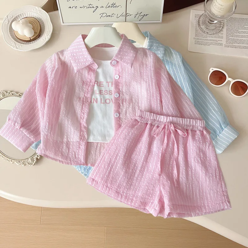 

Girls Thin Suit2024Summer New Western Style Baby Girl Vertical Stripes Long Sleeve Sunscreen Coat Shorts Three-Piece Set