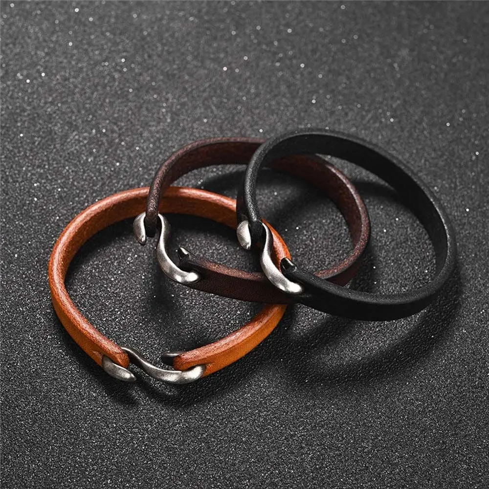 Fashion 3 Colors Brown Black Color Friendship Simple Trendy Vintage Jewelry Leather Hook Bracelet Bracelets Wristband Bangles